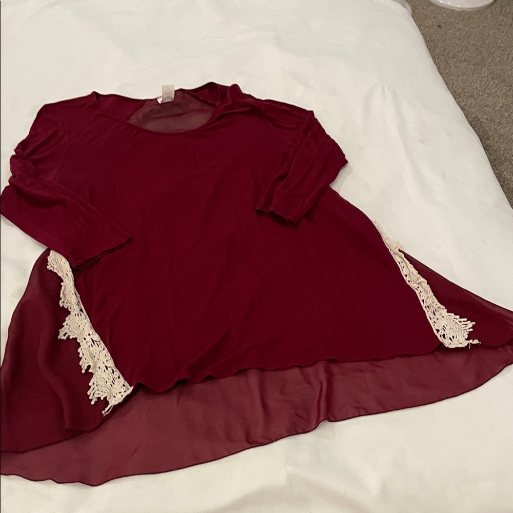 Honeyme Burgundy Tunic with Lace Accents
